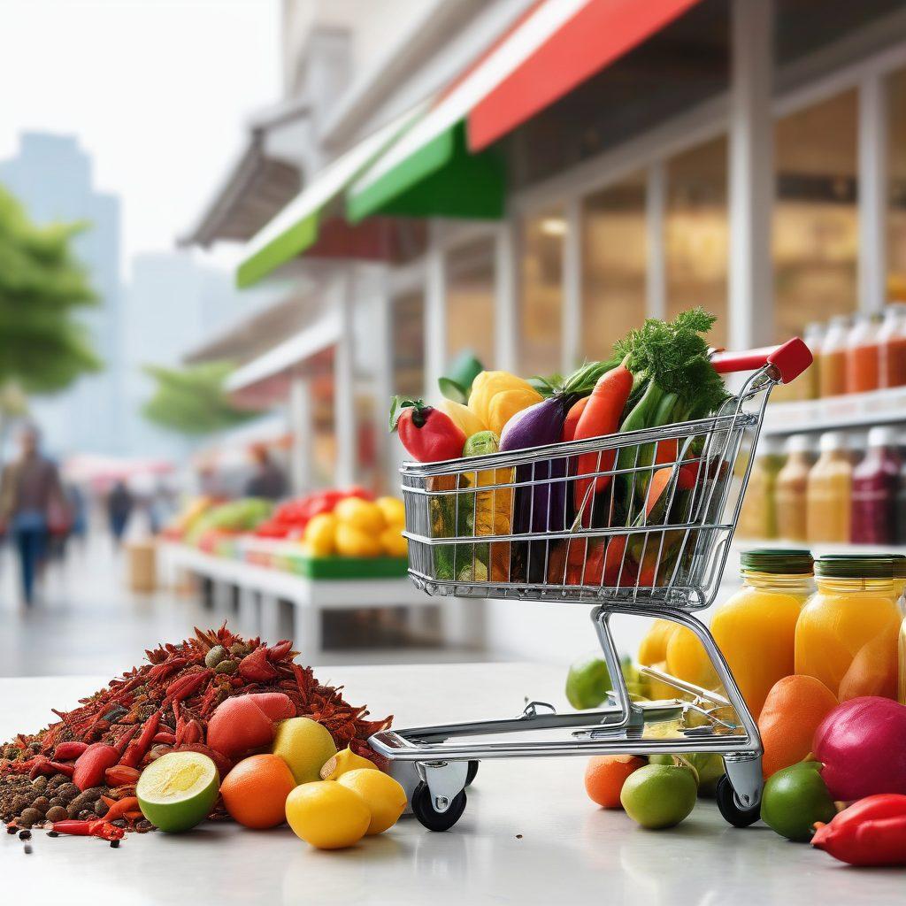 A vibrant market scene featuring an array of premium Asian groceries such as colorful spices, fresh vegetables, and exotic fruits, alongside diverse beverages in stylish bottles. Include a digital shopping cart to suggest online sourcing, with a subtle hint of an urban skyline in the background. Natural light illuminating the products to enhance freshness. super-realistic. vibrant colors. white background.
