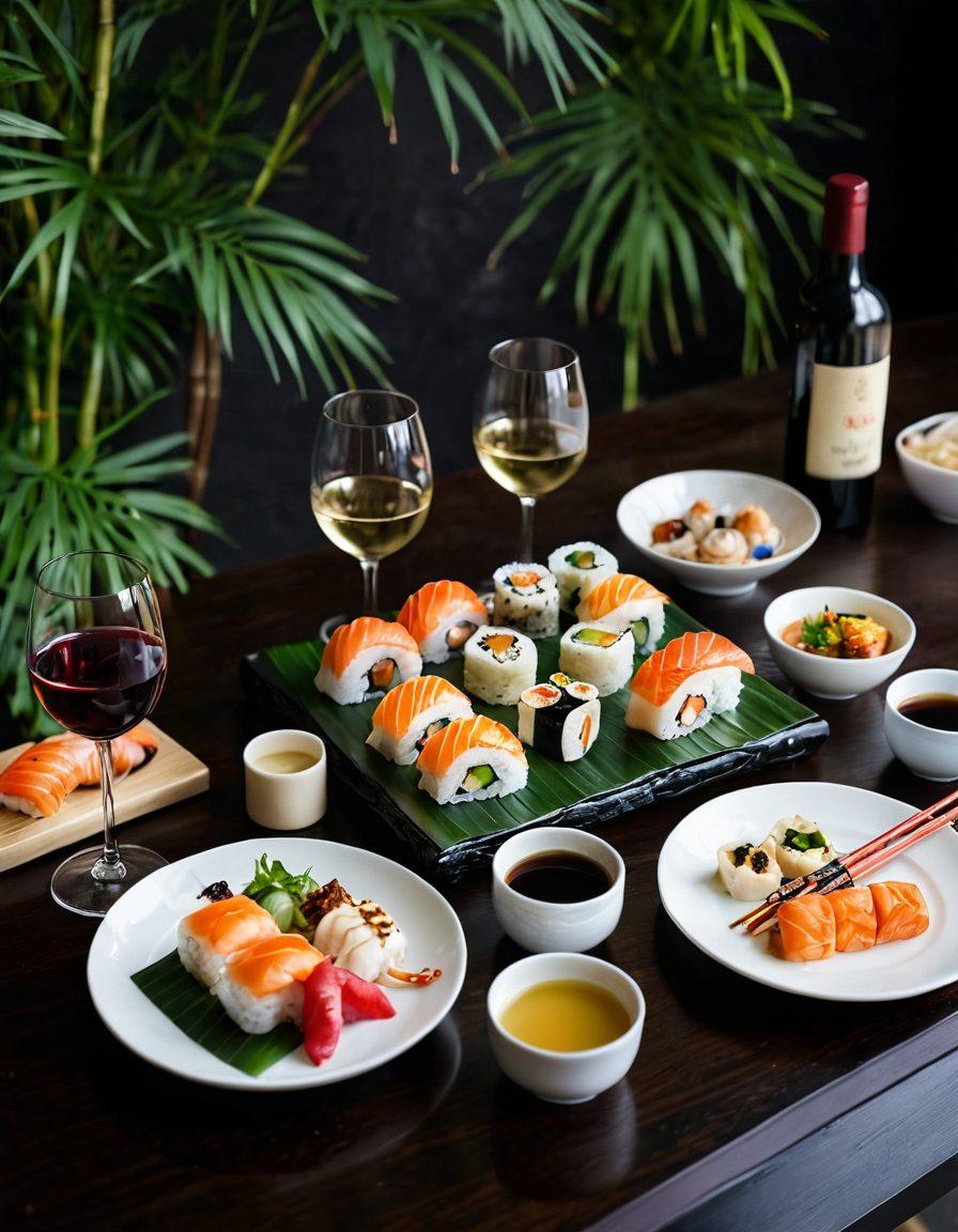 A beautifully arranged table featuring an assortment of Asian dishes like sushi, dim sum, and spicy noodles, each paired with elegant wine glasses. Soft ambient lighting creates a warm atmosphere, with a backdrop of bamboo plants and traditional Asian decor. The table is adorned with vibrant colors, showcasing the rich textures and details of the food. Include a small chalkboard sign indicating the perfect wine pairings next to the dishes. gourmet photography. vibrant colors. soft focus.
