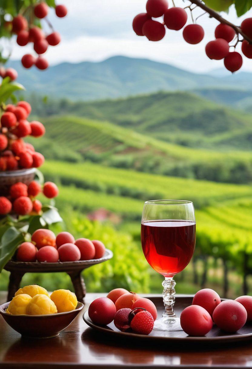 A stunning wine glass filled with a rich red beverage, surrounded by an array of exotic Asian fruits like lychee and longan, alongside delicate traditional tea sets. In the background, a soft-focus landscape of Asian vineyards with colorful rolling hills, hinting at a diverse world of flavors. The scene captures the essence of Asian culture and sophistication. vibrant colors. super-realistic. soft-focus background.